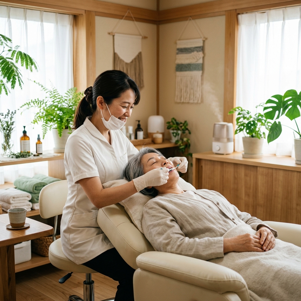 温かみのあるサロンで施術を受けるお客様