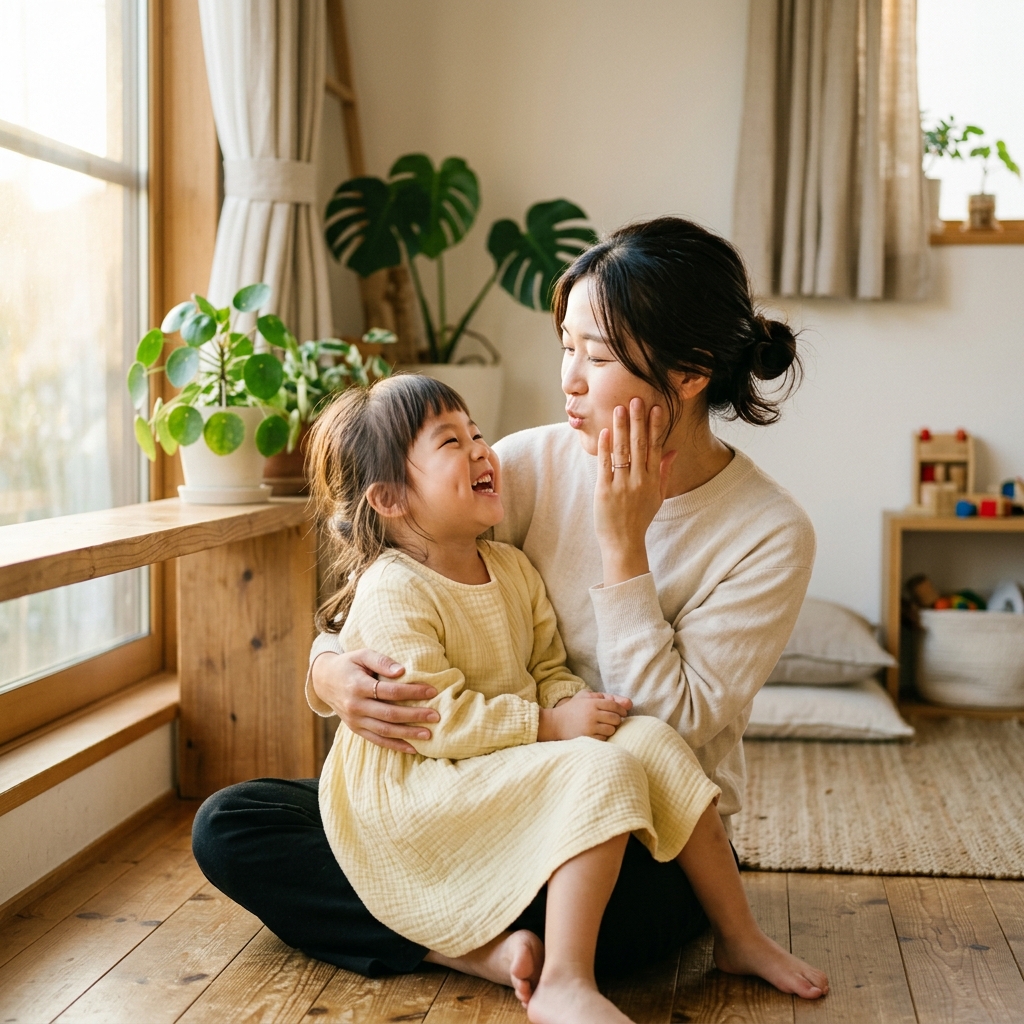 お口育てプログラムで楽しくお口のエクササイズをする母子
